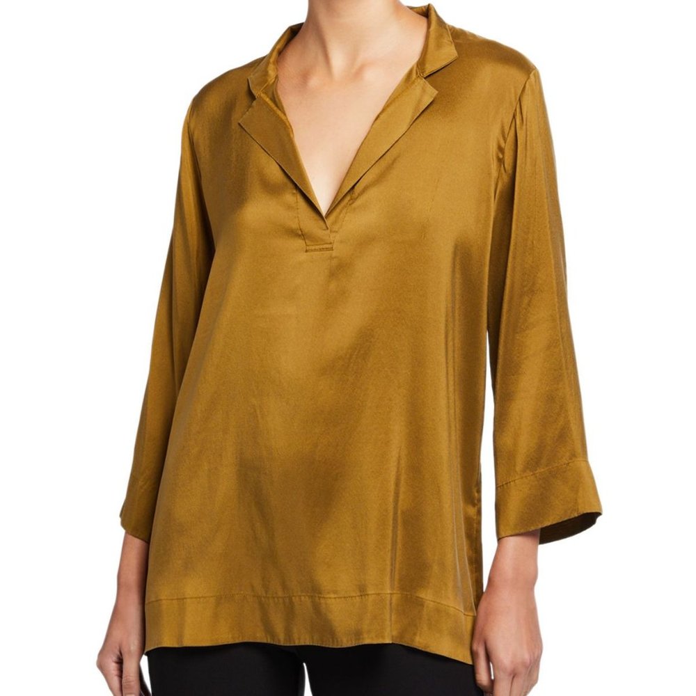 Eileen Fisher Womens Gold Silk Split Neck Top XS